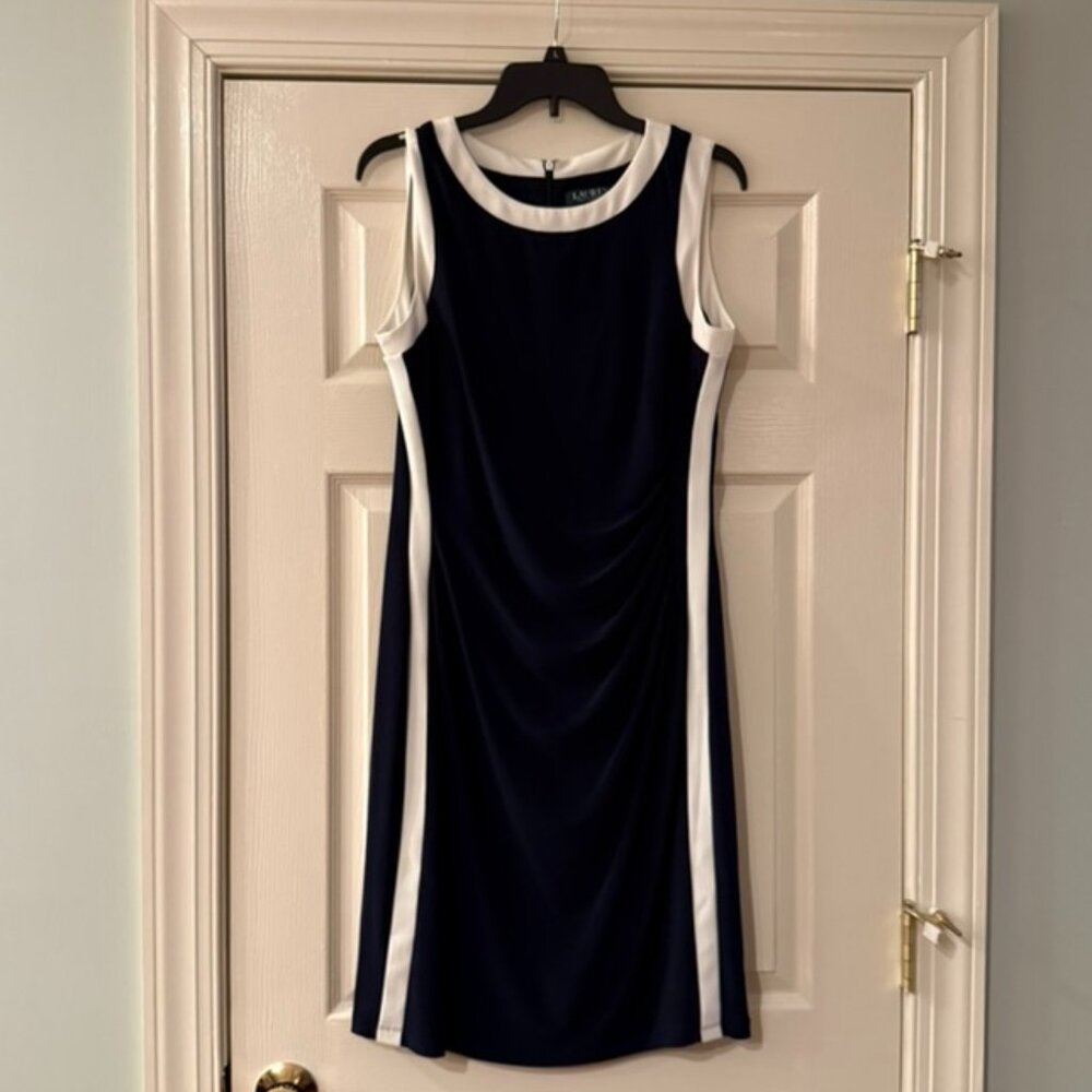 Ralph Lauren Navy Blue and White Midi Dress - Size 14
